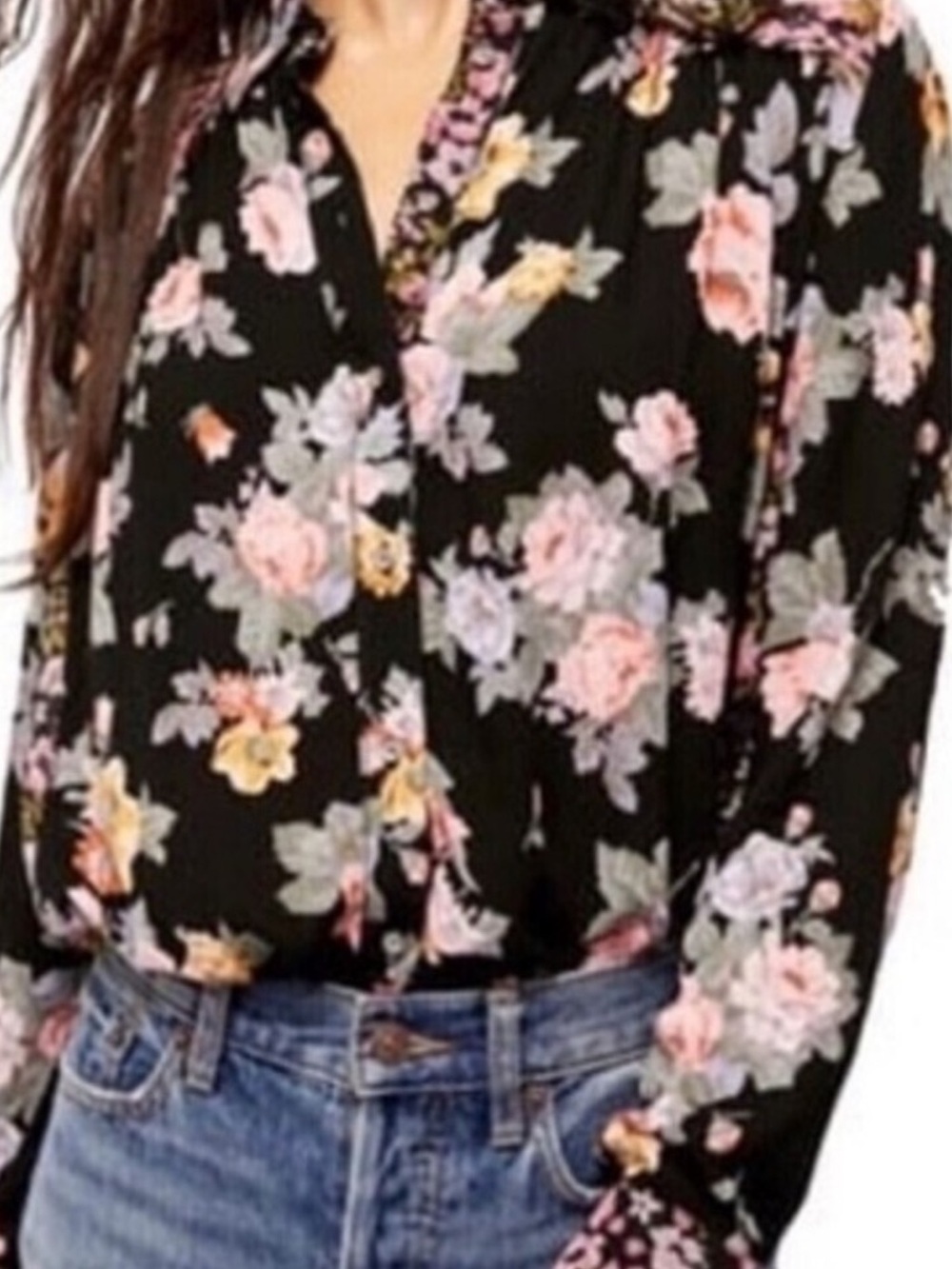 Free People Hold On To Me Black Floral Long-Sleeve Blouse